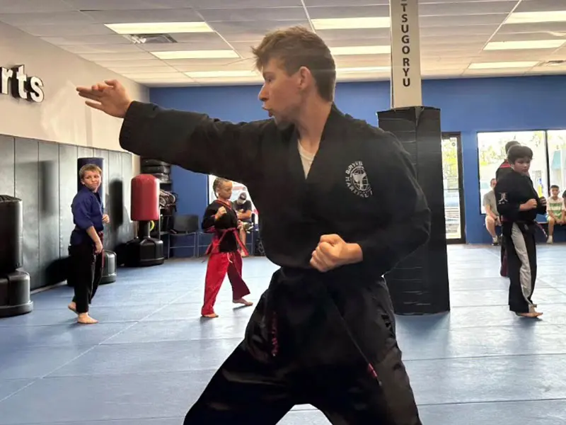 Adult Martial Arts instructor coaching student with focus mitts during martial arts training in Erlanger gym